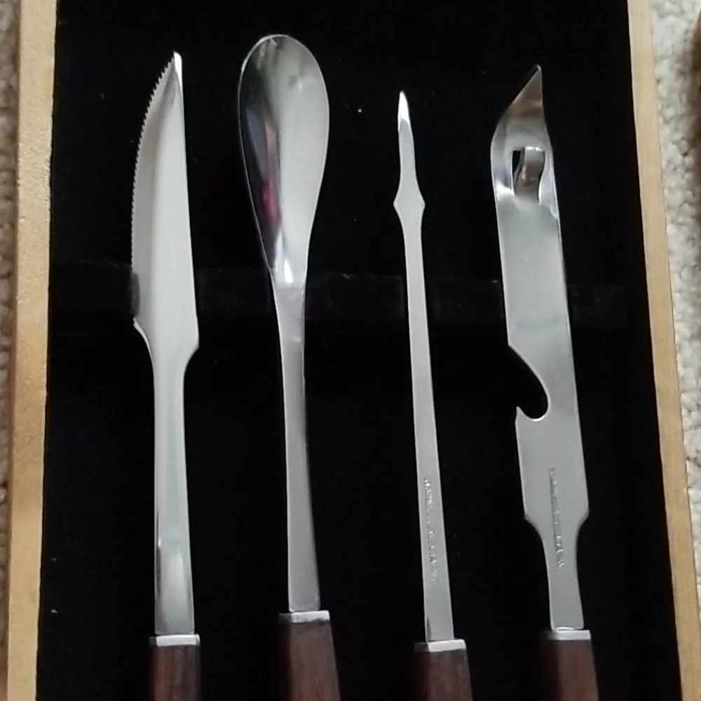 Mid Century Modern Teak & Stainless 4-PC Bar Tool